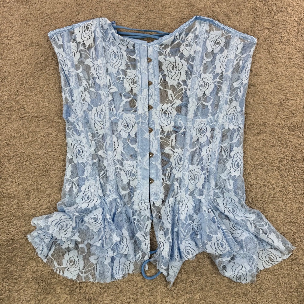 Daisy Corsets Light Blue Floral Lace Peplum Corset Top Large Rose Pattern